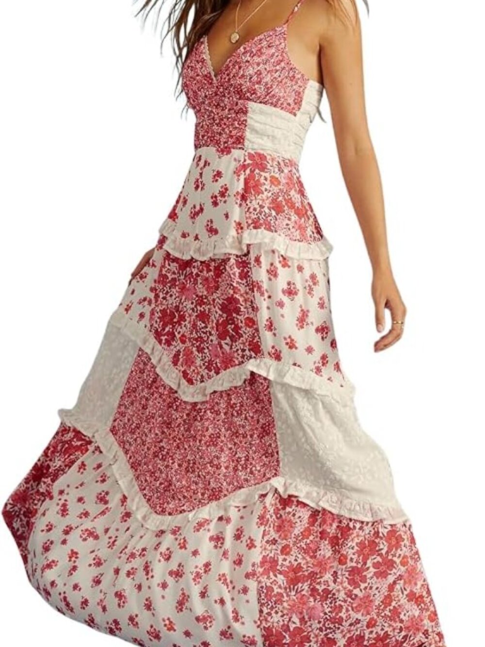 Womens Lace Patchwork Floral Maxi Dress Spaghetti Strap Sexy Backless Ruffle Tie